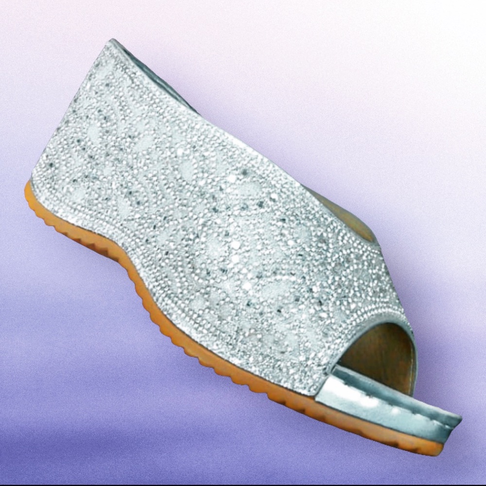 Italina Metallic Sparkly Bright Silver Rhinestone Embellished Heeled Wedge Mule